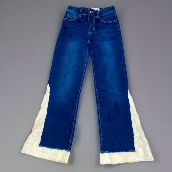 Girls Upcycled Side Patch Jeans Size 10 Shabby Chic Chenille - Picture 1 of 10